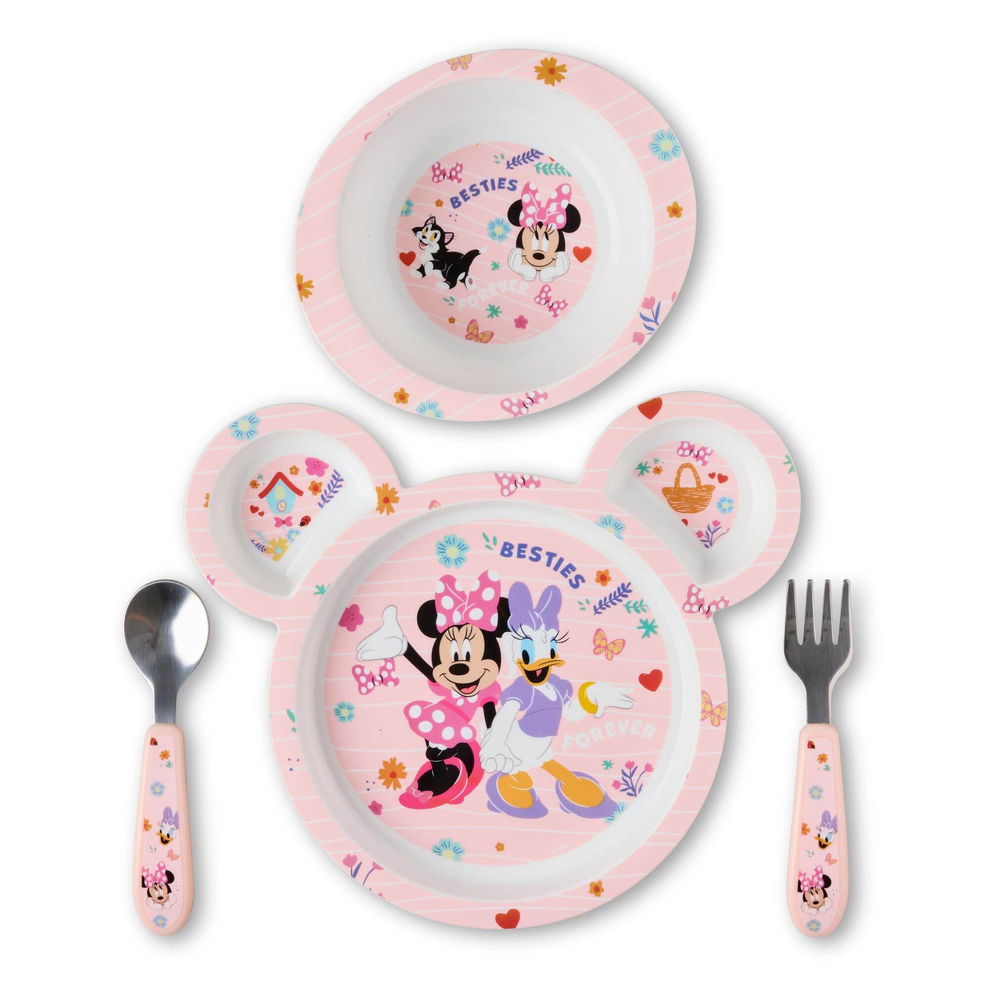 The First Years Disney Minnie Mouse Kids Dinnerware Set - Includes Toddler Plate, Bowl, Fork, and Spoon - Baby Led Weaning Supplies - 4 Count- Ages 9 Months and Up