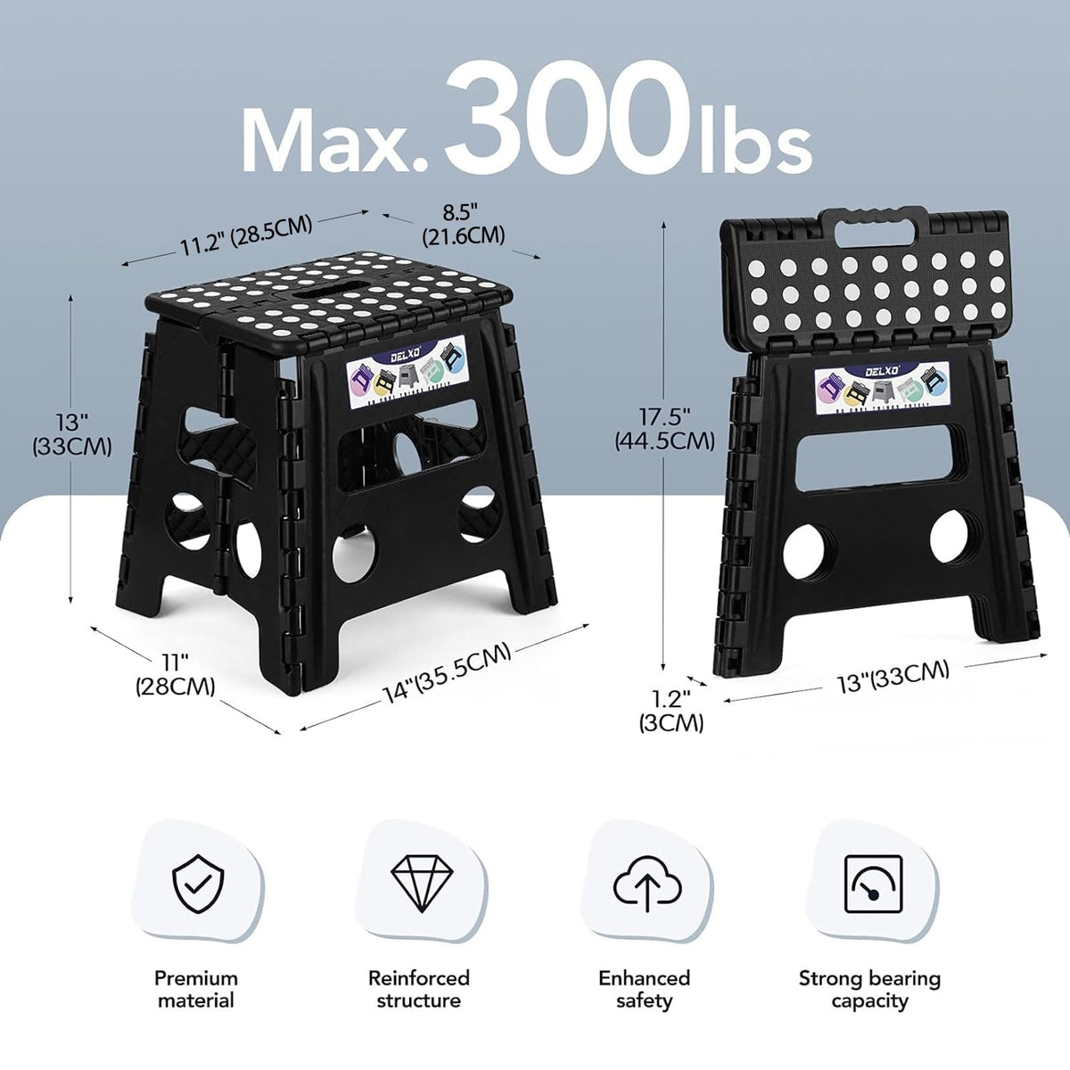 Delxo Folding Step Stool 13 Inch,300 Lbs Step Stool for Adults Black