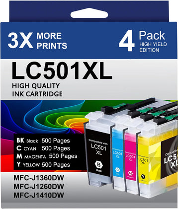 HOINKLO LC501XL Ink Cartridges for Brother Printer Compatible for Brother LC501XL LC501 Ink Cartridges with MFC-J1360DW MFC-J1260W MFC-J1410DW Printer (Black Cyan Magenta Yellow, 4 Pack)
