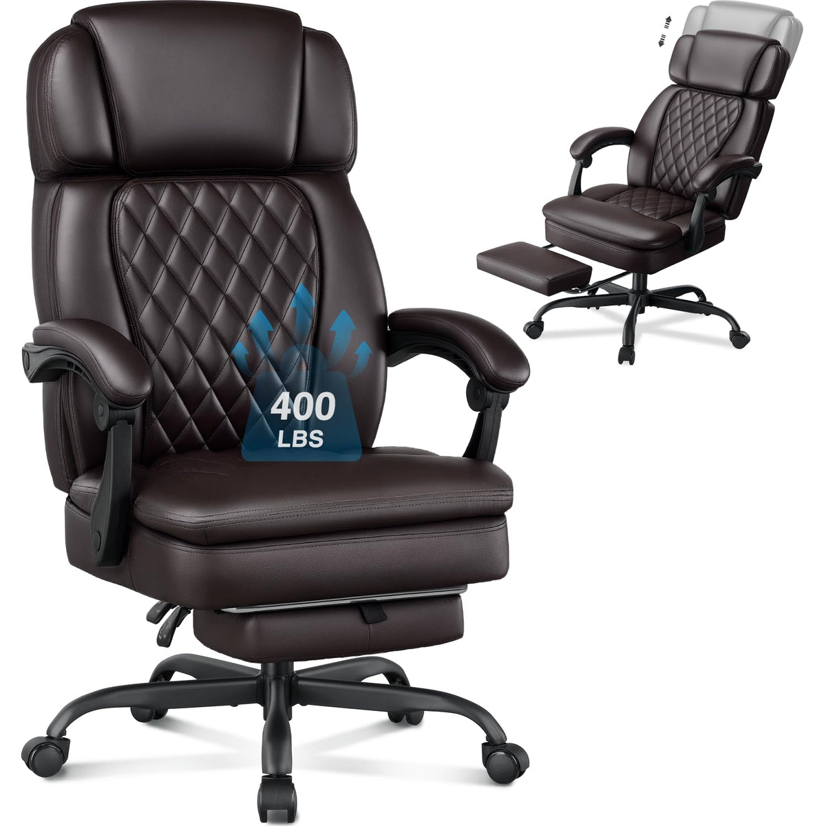 400lbs Executive Office Chair with Foot Rest for Heavy People, Ergonomic Big and Tall Desk Chair with Adjustable Headrest, High Back Pu Leather