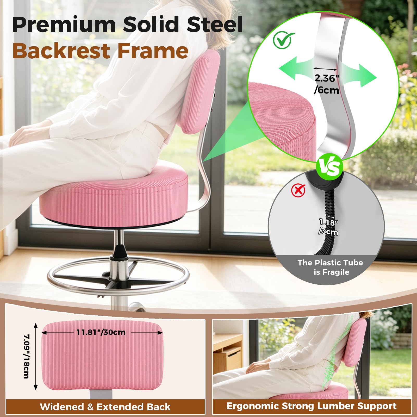 Freekyrock Office Drafting Chair with Footrest, Tall Height Adjustable Stool with Back Support, Heavy Duty Rolling Stool Chair with Wheels for