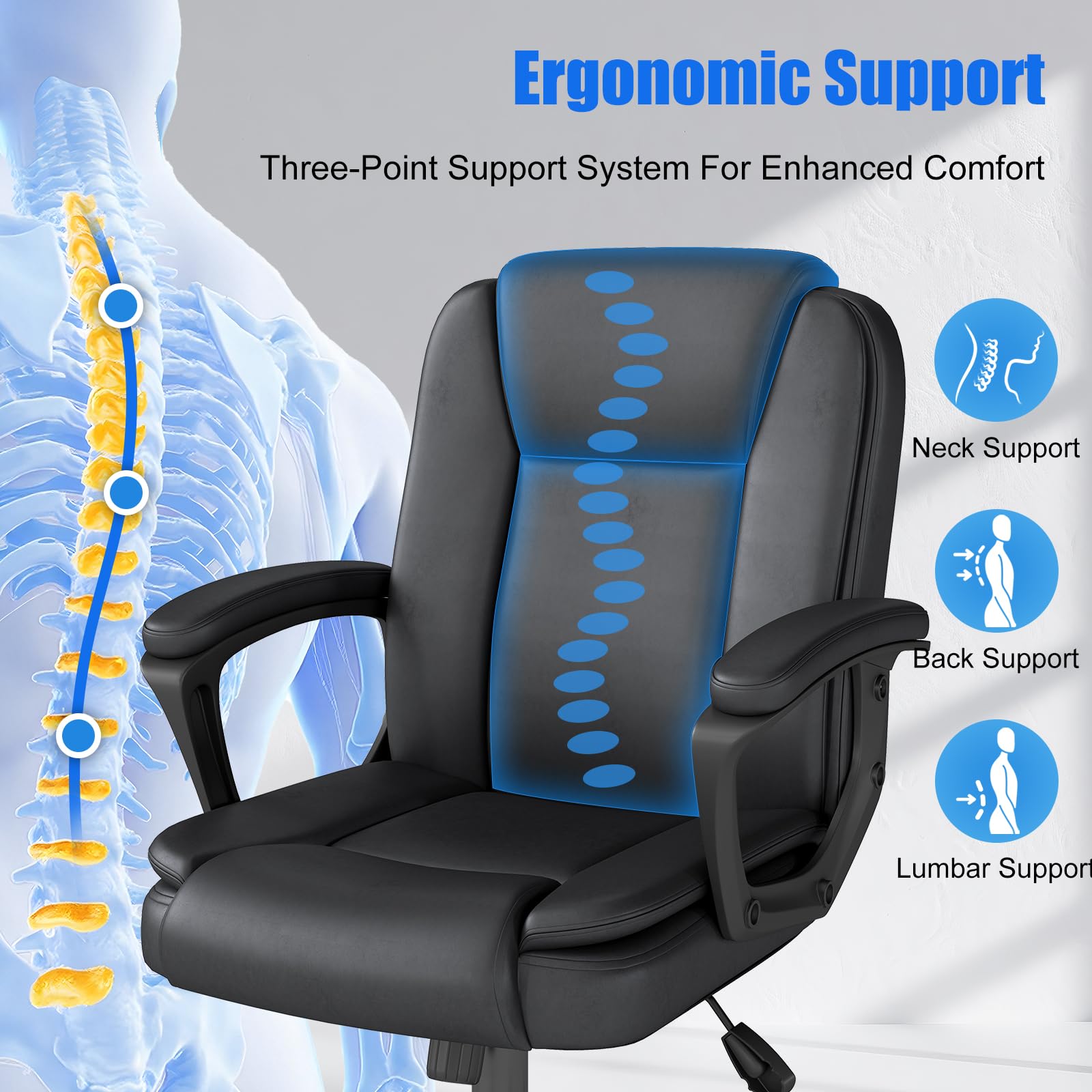Keratee Executive Office Chair, Leather Desk Computer Chair with Padded Armrests, Mid-back Swivel Adjustable Ergonomic Design for Home Office,