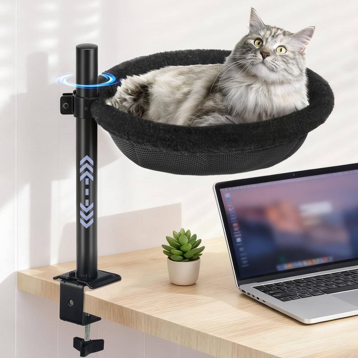 Cat Desk Bed, Heavy Duty Steel Clamp-On Various Desktops, Machine Washable Reversible Cat Beds for Large & Kitten, 360° Rotating Height Adjustable, Indoor Cats Nest Furniture Supports 45lbs, Black