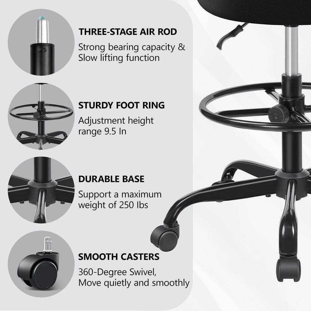 Primy Tall Drafting Desk Chair - Armless, Adjustable Height, Mesh Back, Rolling, Standing Desk Chair for Art Room, Office or Home (black)