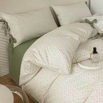 VM VOUGEMARKET Red Blooming Duvet Cover Set Twin,Green Plaid Grid Duvet Cover with 2 Bowknot Pillowcases 100% Cotton Chic Garden Style Bedding Set for Girls Women Without Comforter