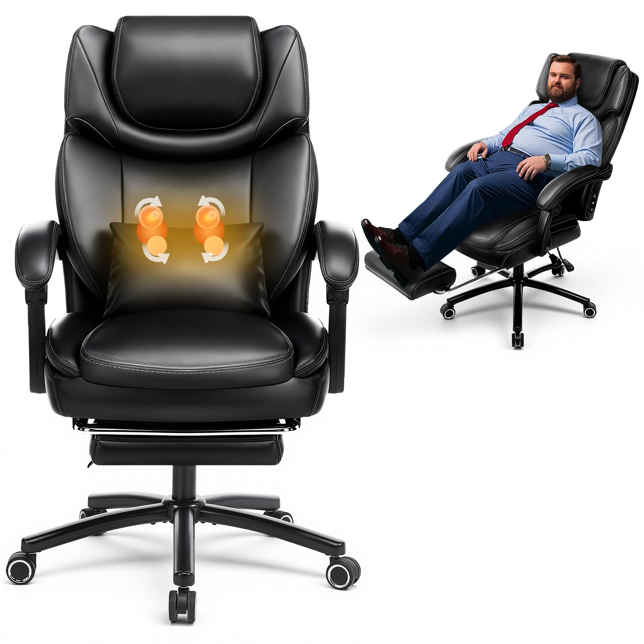 500lbs 3d Kneading Massage Office Chair with Footrest, Big and Tall Ergonomic Reclining Computer Gaming Chair, Padded Linkage Armrests, Heavy