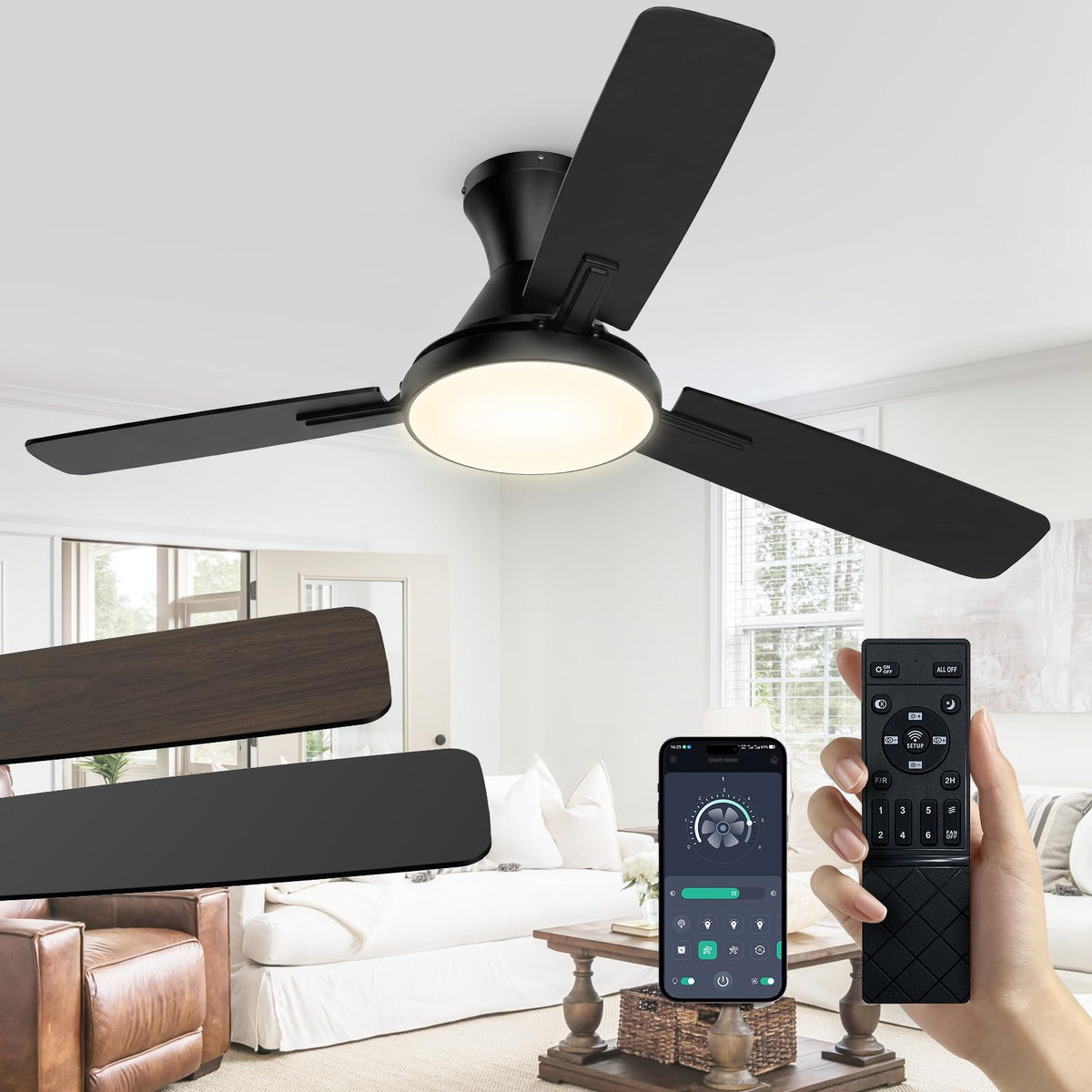 42 Inch Flush Mount Ceiling Fan with Light, DC Motor, Remote & APP Control, 2700K-6500K Stepless Dimming, Reversible 6 Speeds, 5800 CFM Quiet Ceiling Fan for Bedroom Living Room