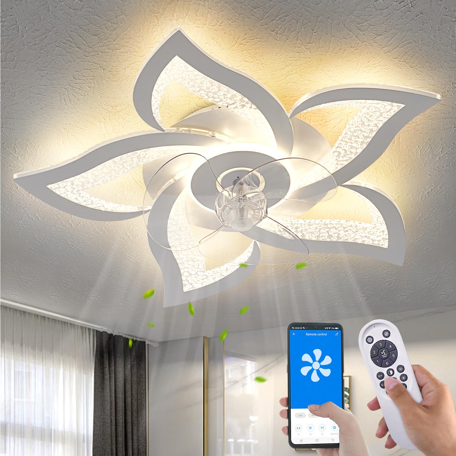 Yfrest Ceiling Fan with Lights Remote Control, White Personalized Ceiling Fan with Light, 6 Speeds 3 Light Color Flush Mount Ceiling Fan for Kitchen Bedroom