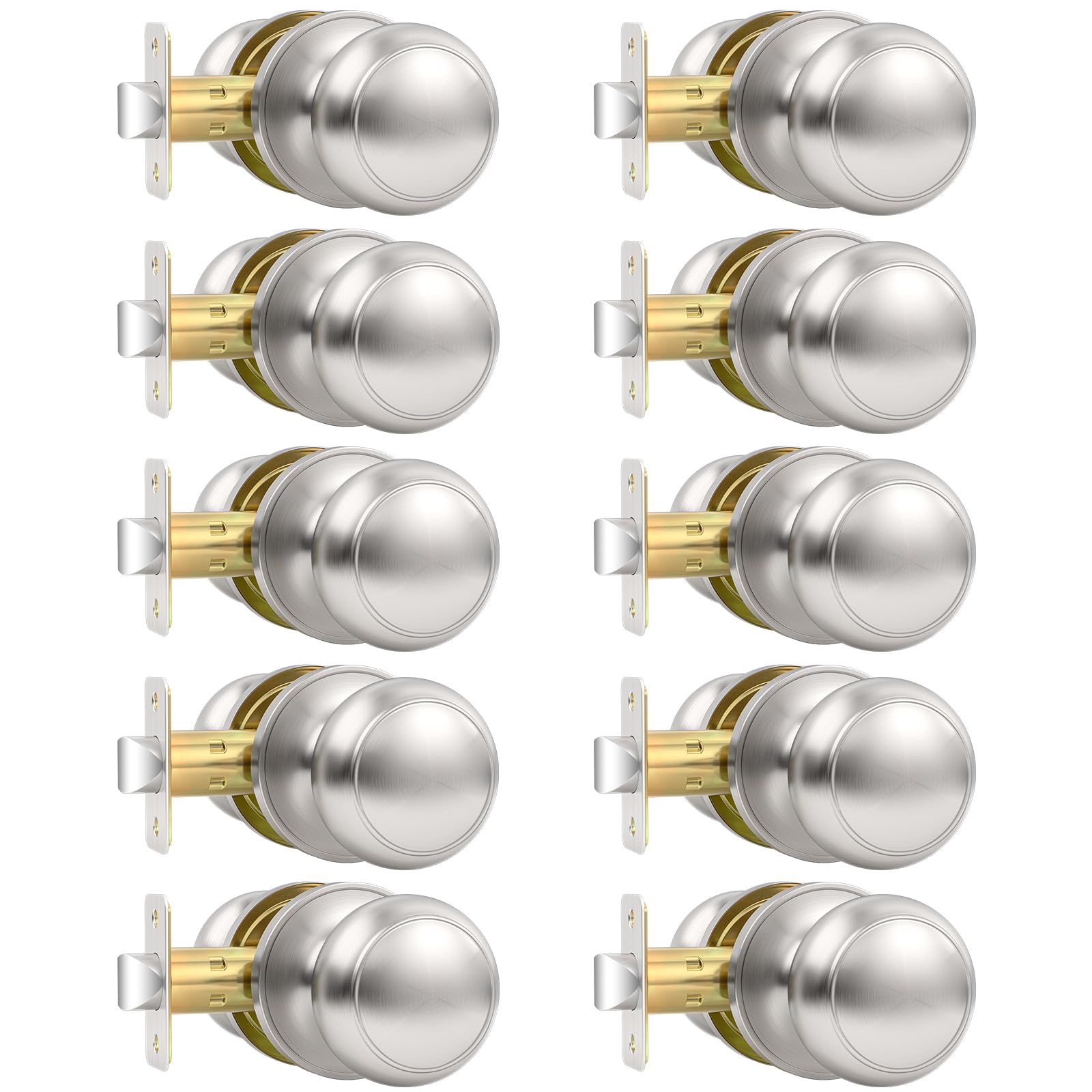 10 Pack Brushed Nickel Door Knob, Round Interior Door Knobs for Hallway Closet, Non-Locking Passage Door Knobs, Keyless Door Handles for Left/Right Handle Doors