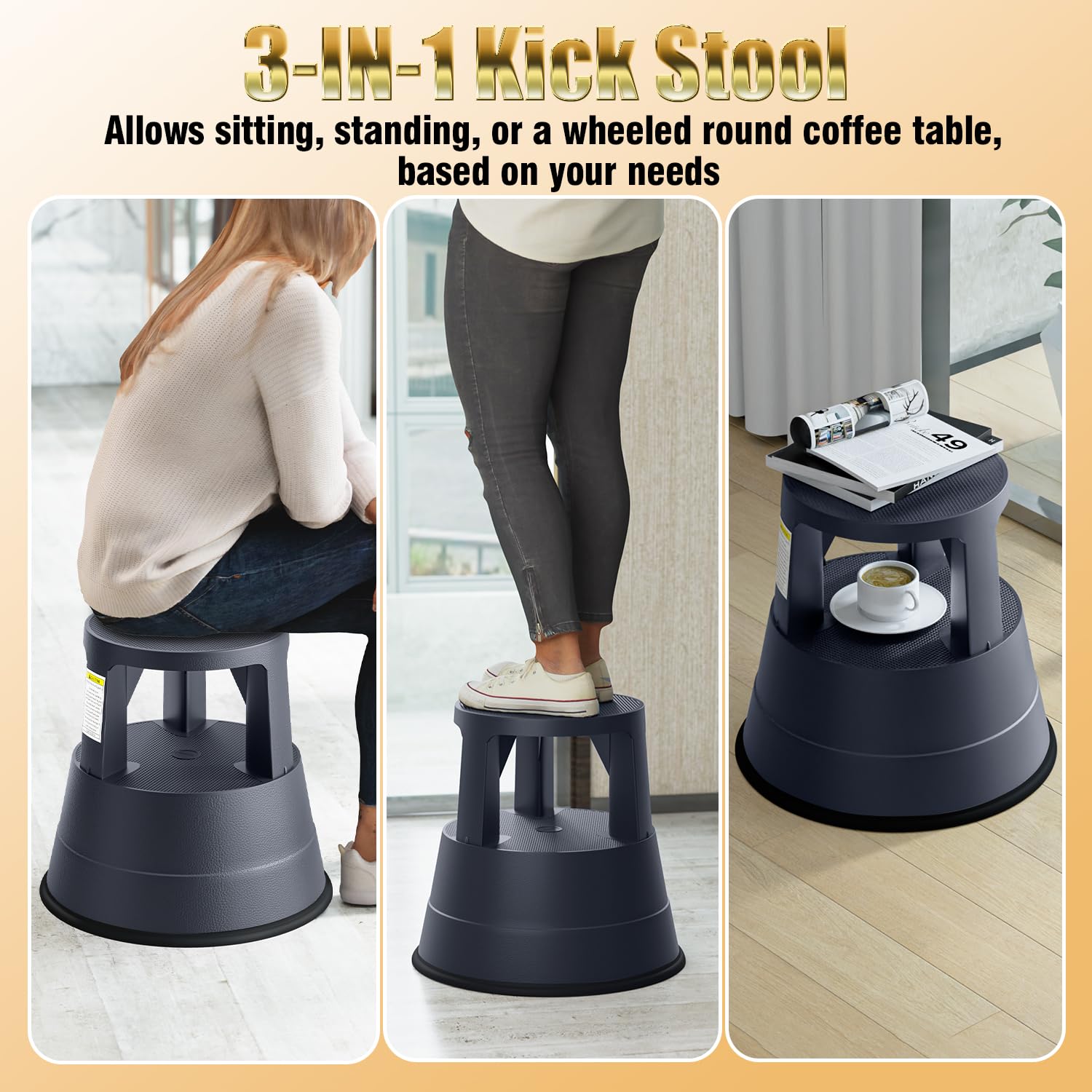 Furnicleevor Rolling Step Stool with Wheels, 550lbs Capacity, Non-slip Platform & Retractable Casters, Round Kick Stool for Library, Kitchen,