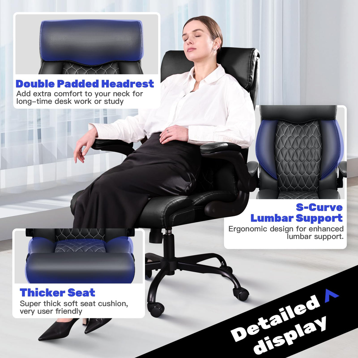 High Back Executive Office Chair - Ergonomic Computer Desk with Rocking Function, Leather Managerial with Adjustable Flip-up Armrests and