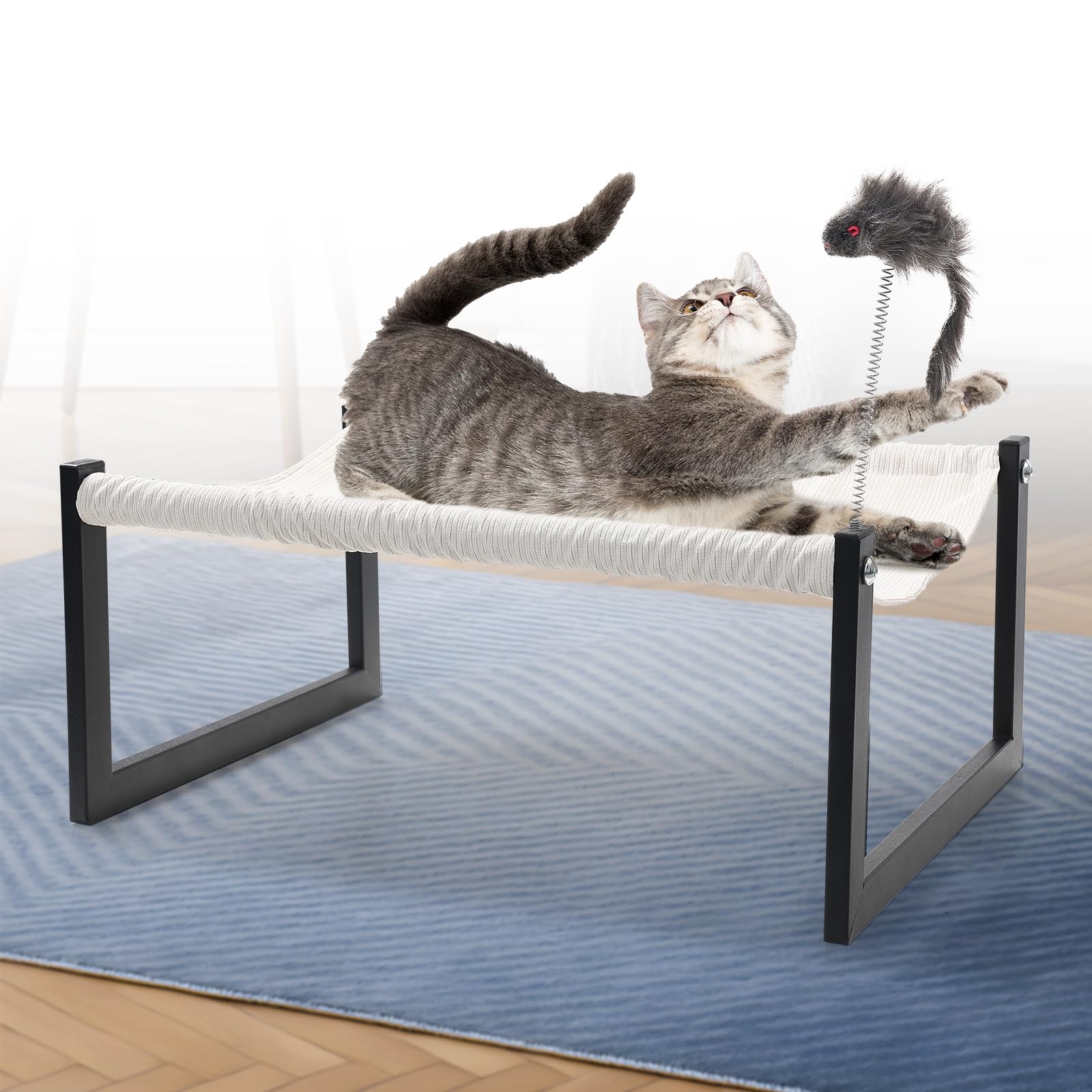 Elevated Cat Bed with 360° View - Rust-Proof Metal Frame, Removable Machine Washable Mattress (Thin), Includes Cat Toy - Easy Assembly