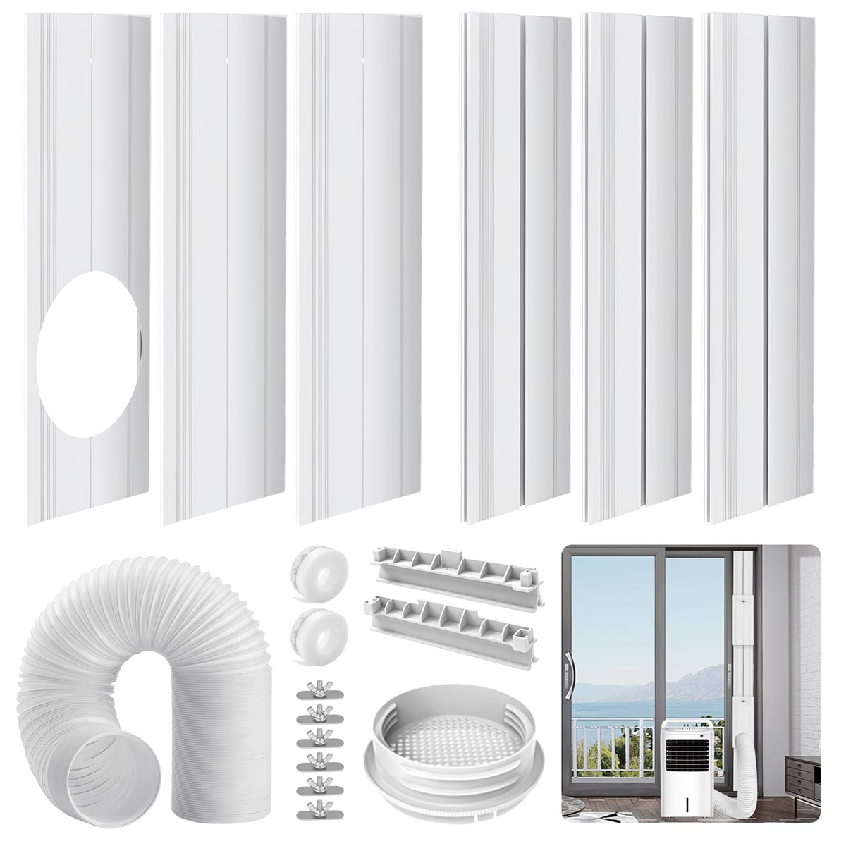 Portable Air Conditioner Sliding Door Vent Kit - Adjustable Length up to 90 Inches, Universal Balcony Seal Plate Set for 5.1" & 5.9" Diameter AC Exhaust Hose