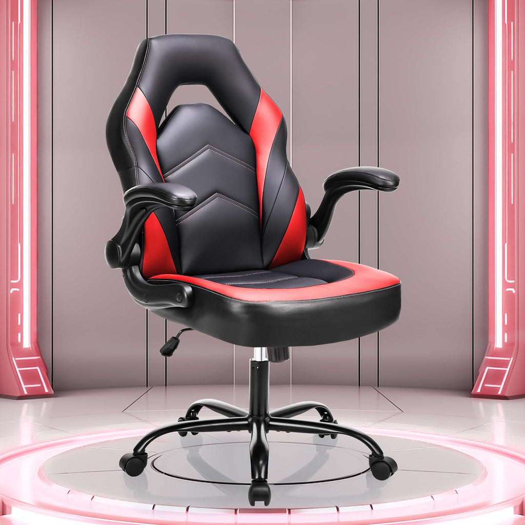 Olixis Pu Leather Height Adjustable Computer Chair - Big and Tall Ergonomic Comfy Back Support Gaming Chair with Flip-up Armrest and 360°