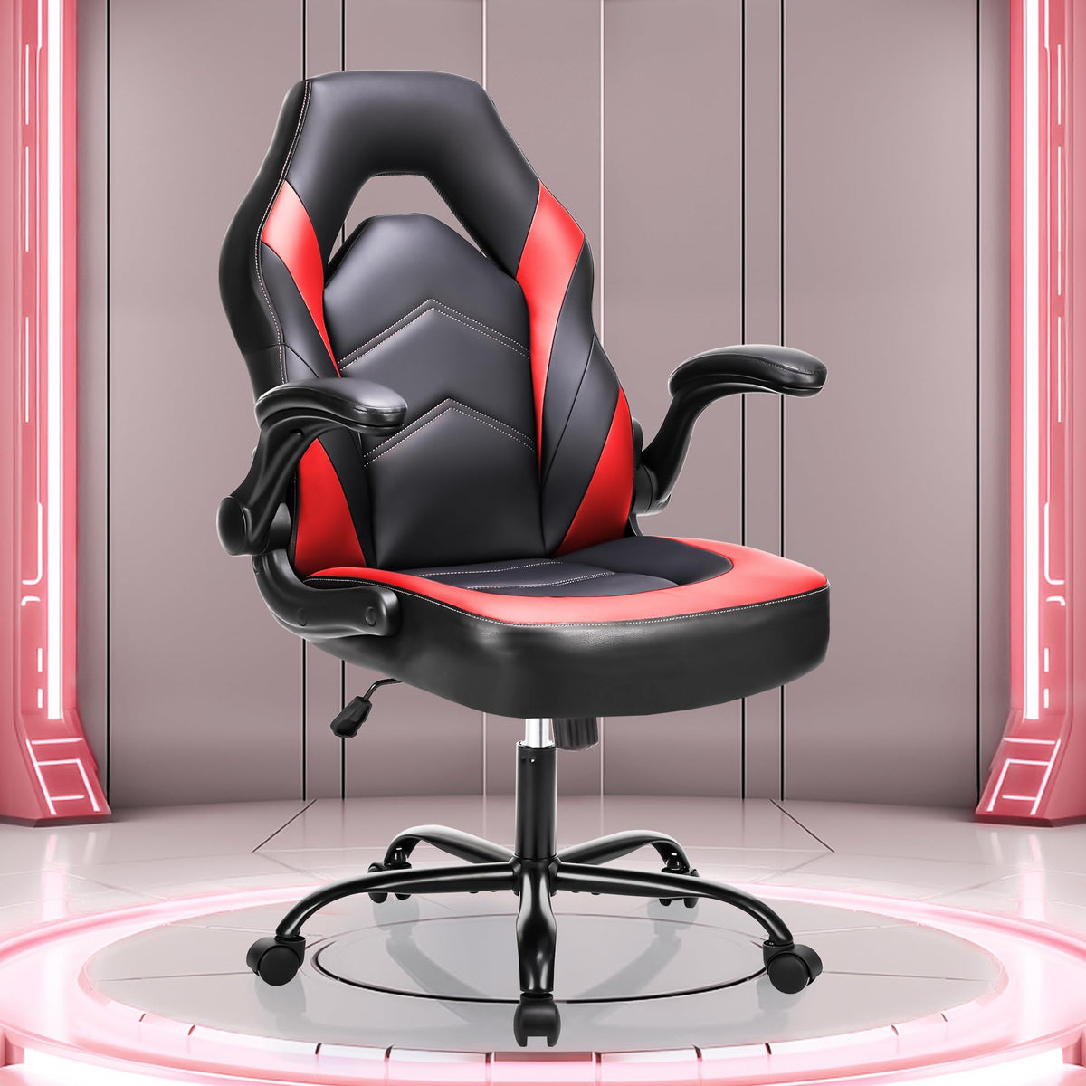 Olixis Pu Leather Height Adjustable Computer Chair - Big and Tall Ergonomic Comfy Back Support Gaming Chair with Flip-up Armrest and 360°