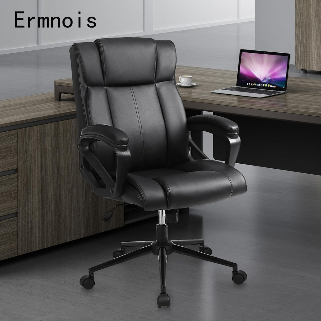 Ermnois Executive Office Chair, Ergonomic Home Office Desk Chair with Wheels, Thicken Armrest and Lumbar Support, Upholstered Leather Mid-back