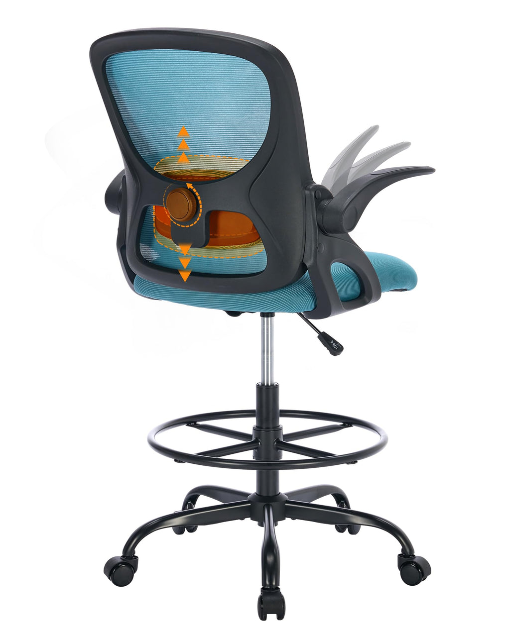 Lukkdys Drafting Chair with Arms, Tall Office Chair for Standing Desks, 19.7"-27.6", Blue&black