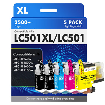 LC501XL LC501 MFC-J1360DW Ink Cartridges for Brother Printer MFC-J1260W | Compatible for LC 501 XL MFC-J1410DW MFC J1360DW J1260W J1260DW J1410DW Series Printer (5 Pack, 2Black Cyan Magenta Yellow)