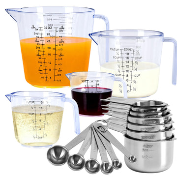 7x Stainless Steel Measuring Cups with 6x Measure Spoons Set,4x Py&Res Plastic liquid Measurings Cups for Liquids,Kitchen Gadgets for Cooking & Baking Utensils Christmas Gift (17Pcs)