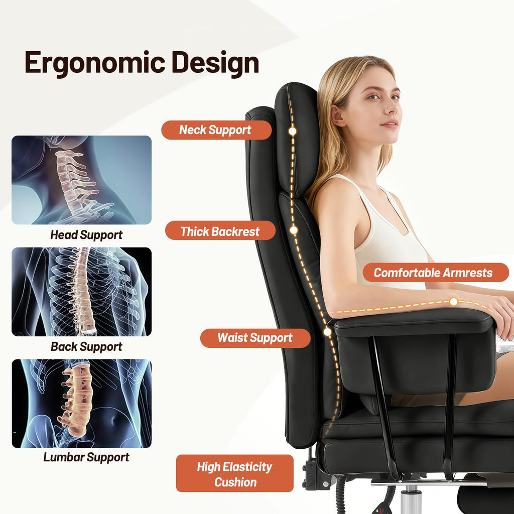 Furniliving Big and Tall Office Chair with Footrest, Pu Leather High Back Executive Office Chair with Adjustable Lumbar Support, 360°swivel
