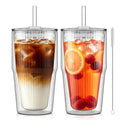 KEMORELA 16oz Ribbed Double Wall Glass Cups with Lid and Straw 2PCS, Coffee Bar Accessories?Insulated Borosilicate Glass Tumblers, To Go Iced Coffee Cups, Spill proof tumbler,tumblers & water glasses