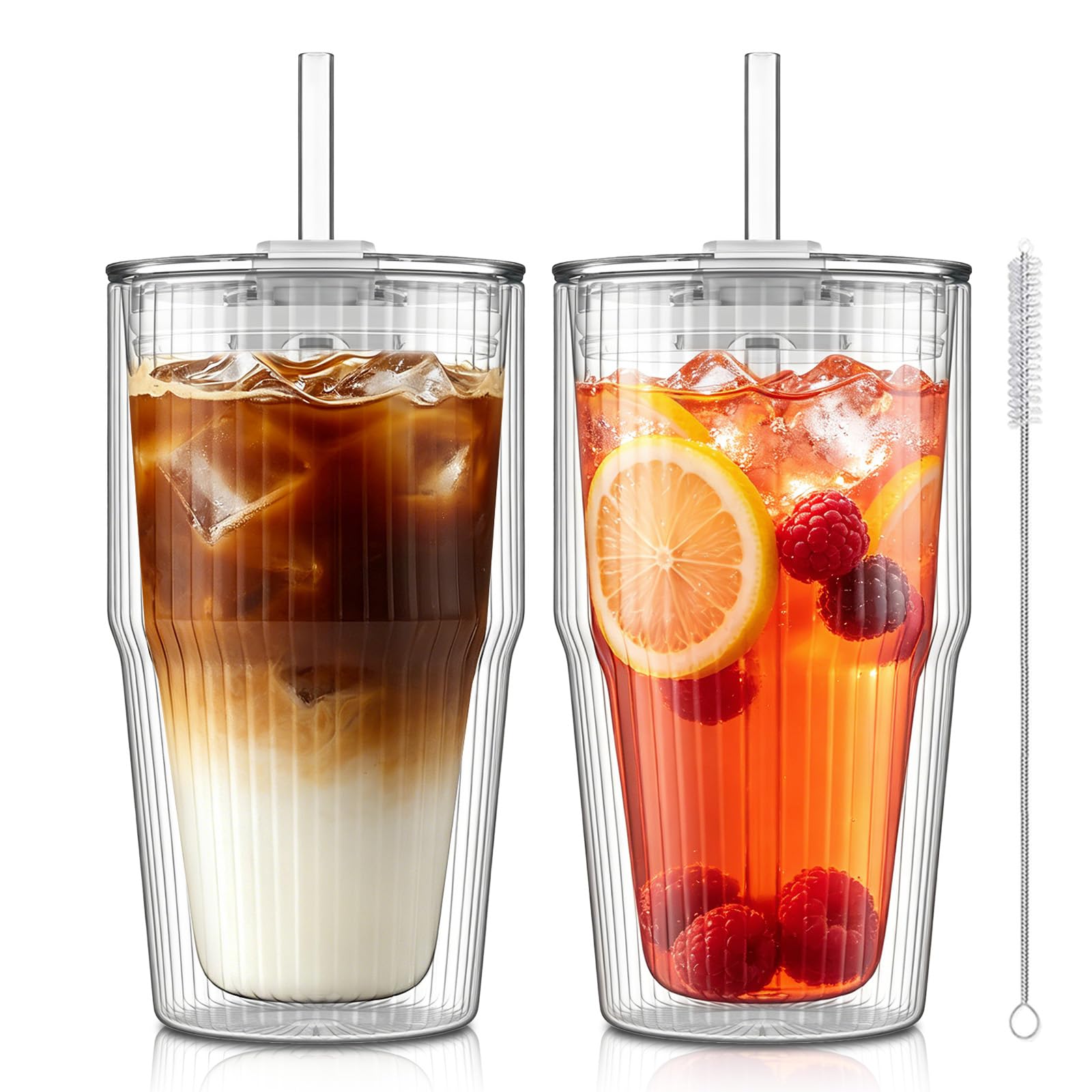 KEMORELA 16oz Ribbed Double Wall Glass Cups with Lid and Straw 2PCS, Coffee Bar Accessories?Insulated Borosilicate Glass Tumblers, To Go Iced Coffee Cups, Spill proof tumbler,tumblers & water glasses
