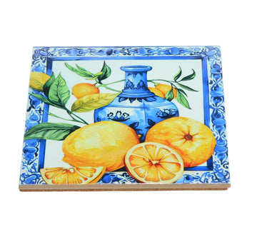 Handmade Mediterranean Lemon Ceramic Trivet, Multicolor, 6x6 Inch, Square, Cork Backing, Kitchen Hot Pad