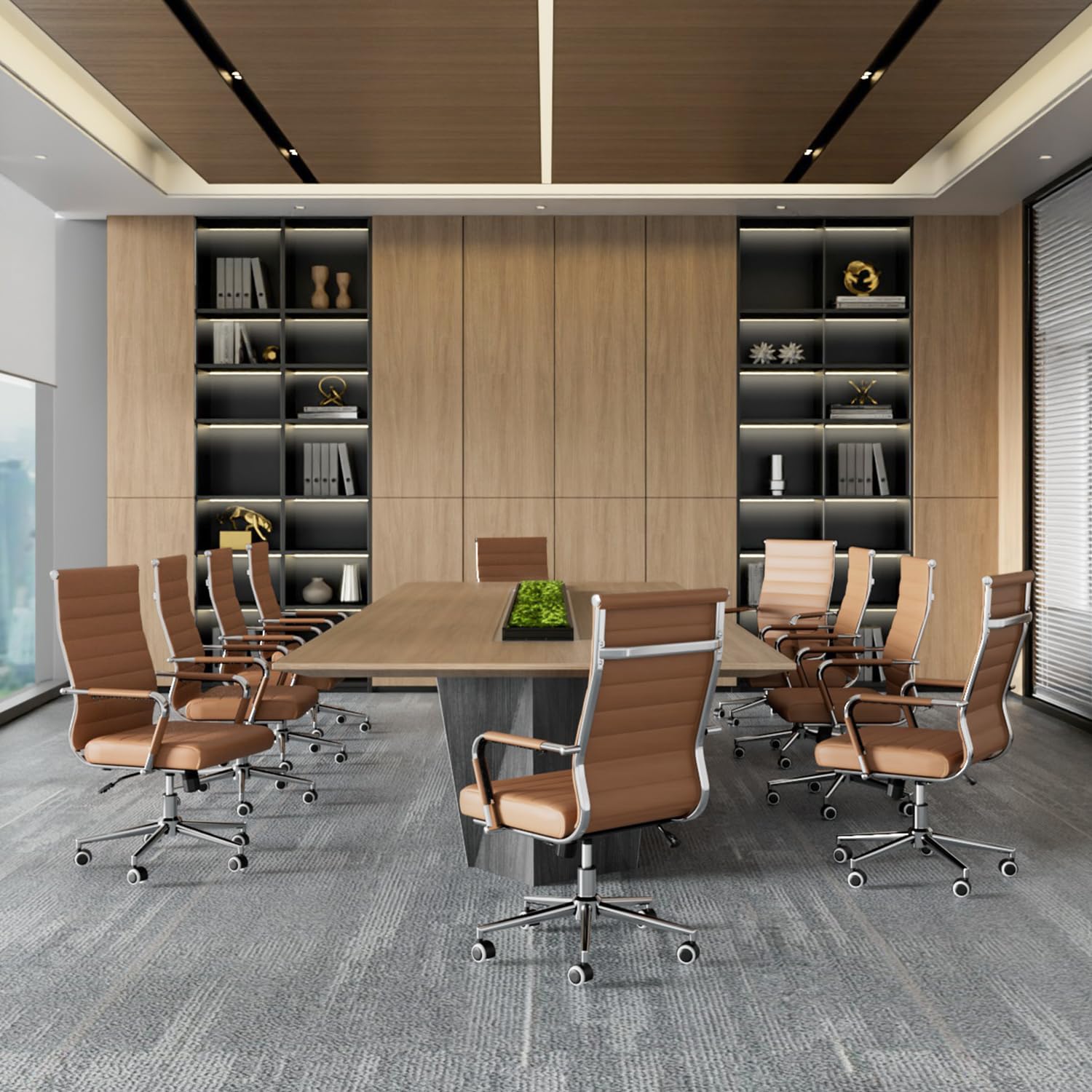 Okeysen Office Desk Chair, Ergonomic Leather Modern Conference Room Chairs, Executive Ribbed Height Adjustable Swivel Rolling Chair for Home