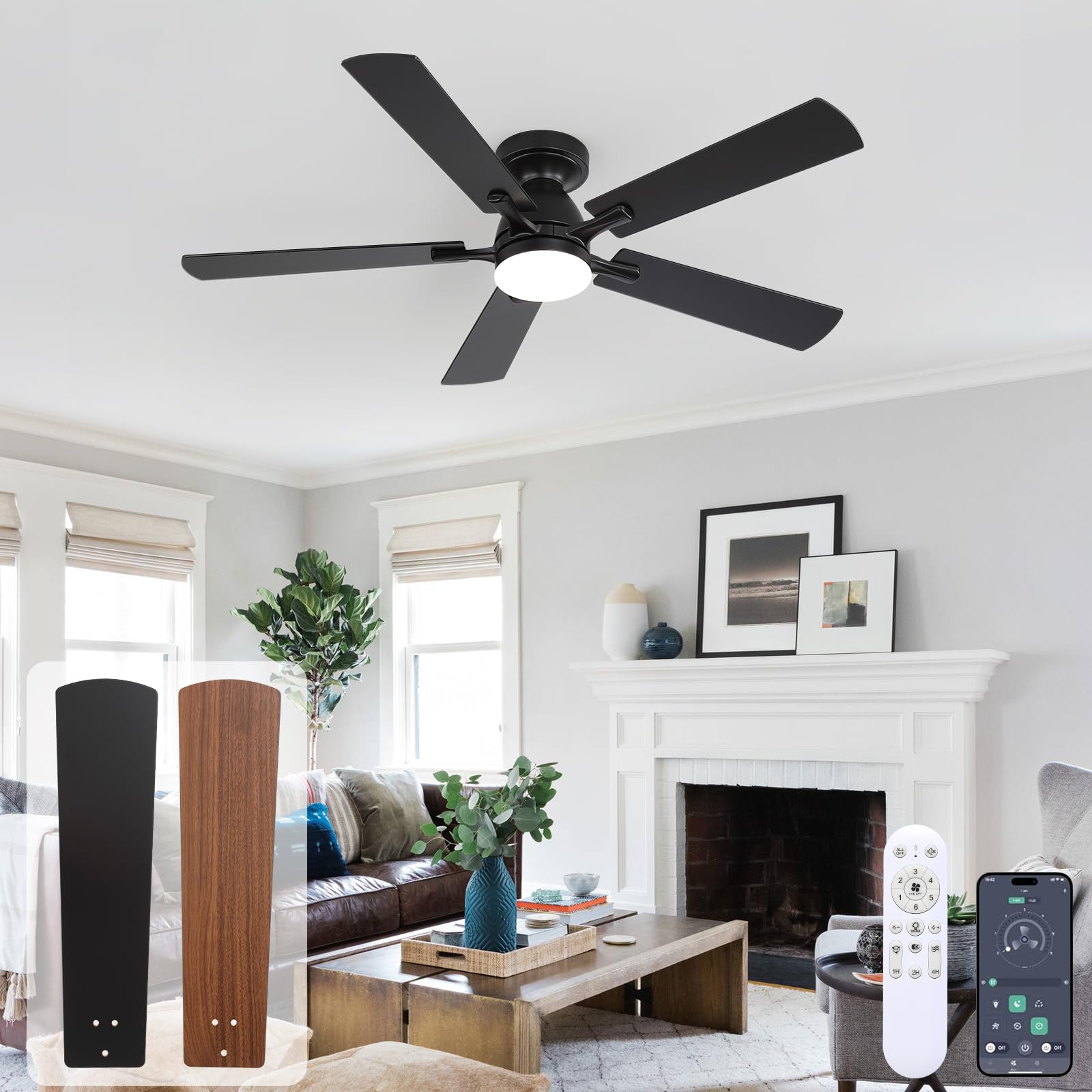 42 Inch Ceiling Fan with Lights, Black Modern Low Profile Flush Mount Fan with App&Remote Control, Dimmable 3CCT, Quiet Reversible DC Motor, 6 Speeds with Timer Fan for Bedroom LivingRoom Patio