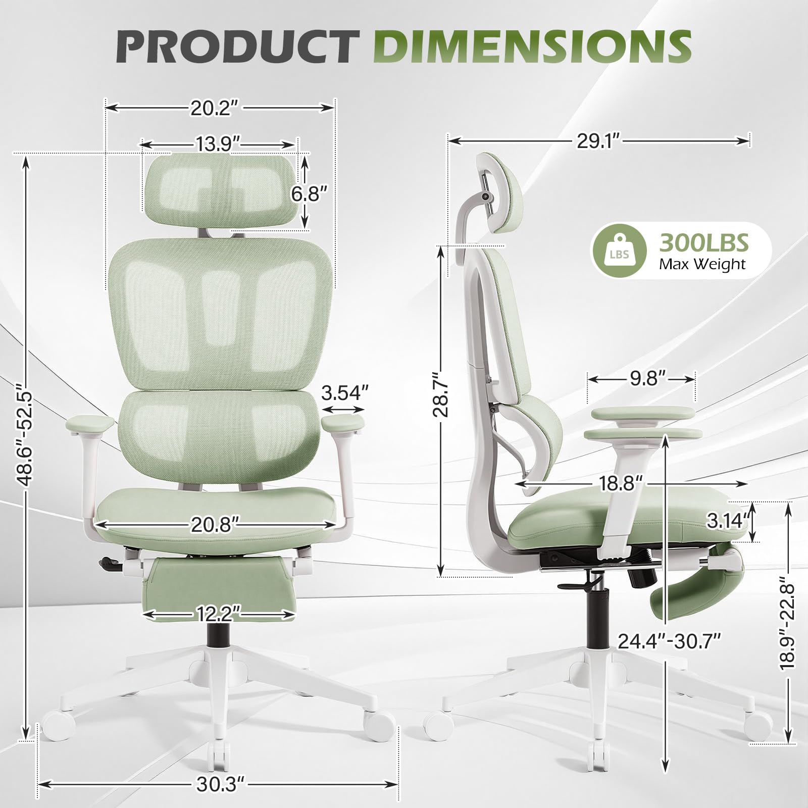 Ergonomic Office Chair with Footrest and Dynamic Lumbar Support, Green, High Back