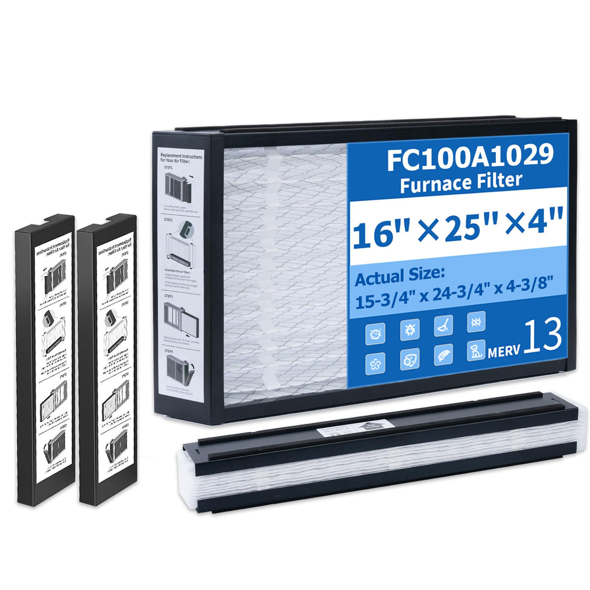 2-Pack MERV 13 Air Filters, Foldable Replacement for Honeywell FC100A1029 Pleated Furnace Filter, 16x25x4 (Actual 15-3/4" x 24-3/4" x 4-3/8"), Easy Install & Space-Saving