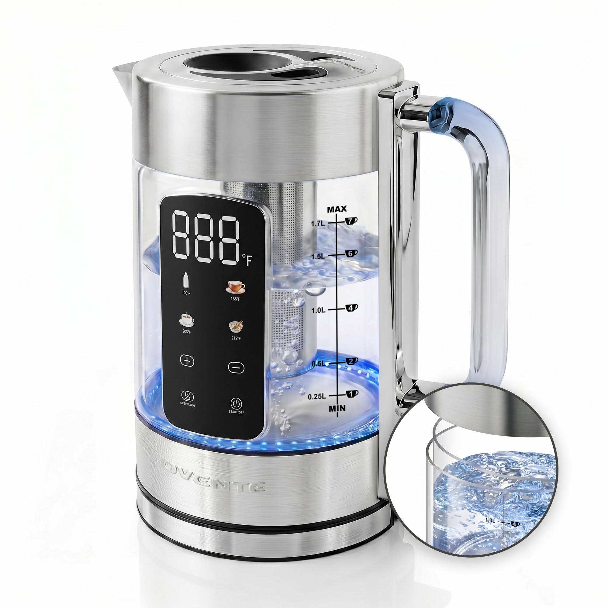 OVENTE Digital Glass Electric Tea Kettle 1.7L with Color-Changing LED Lights Temperature Control, Double-Wall Cool Touch, 4 Presets, Keep Warm, Tea Infuser & Boil-Dry Protection, Silver KGD913S