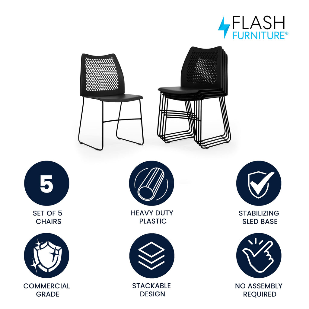 Flash Furniture Hercules Series Contoured Lobby Chairs with Air-vent Honeycomb Backs, Ergonomic Stacking Chairs for Offices, Set of 5, Black
