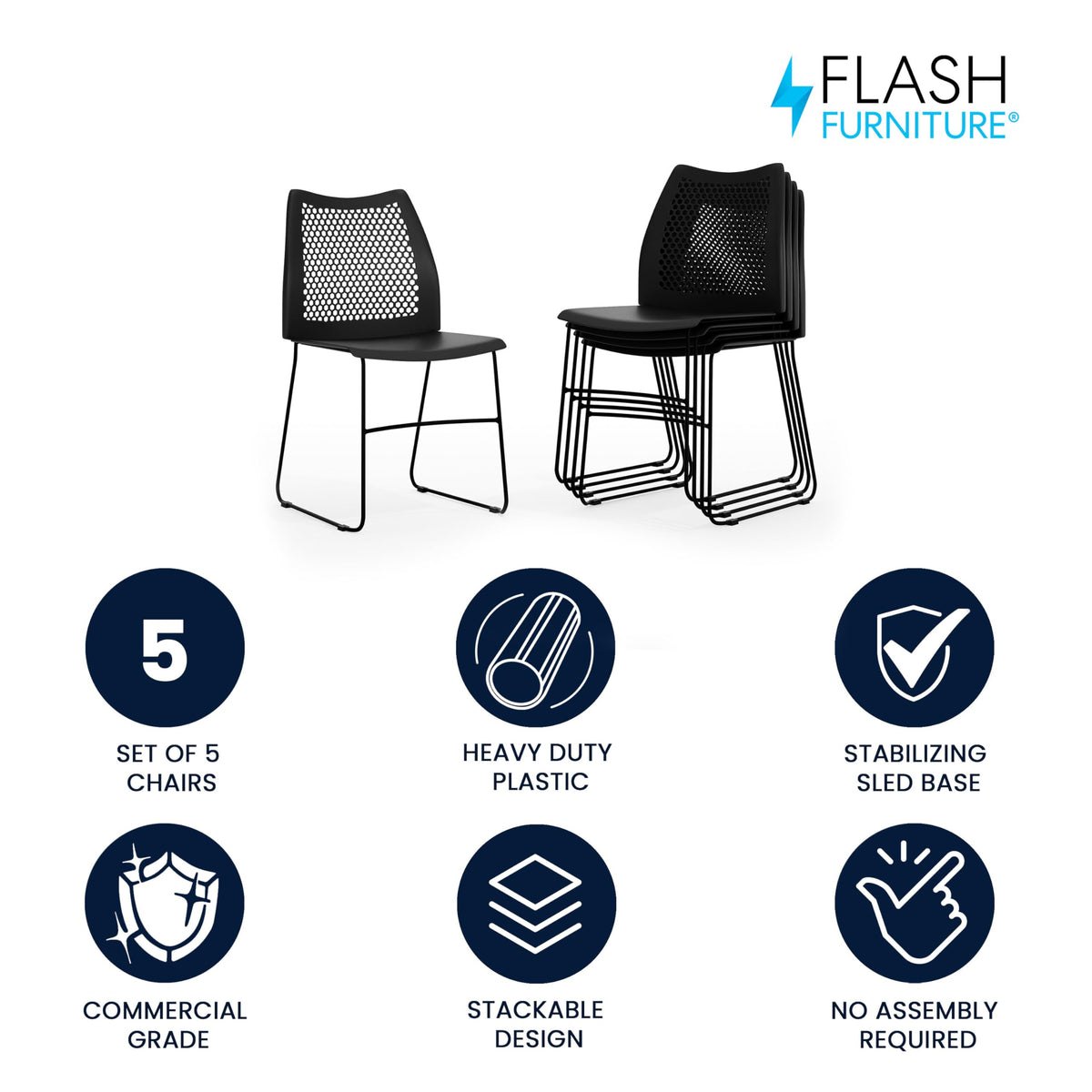 Flash Furniture Hercules Series Contoured Lobby Chairs with Air-vent Honeycomb Backs, Ergonomic Stacking Chairs for Offices, Set of 5, Black