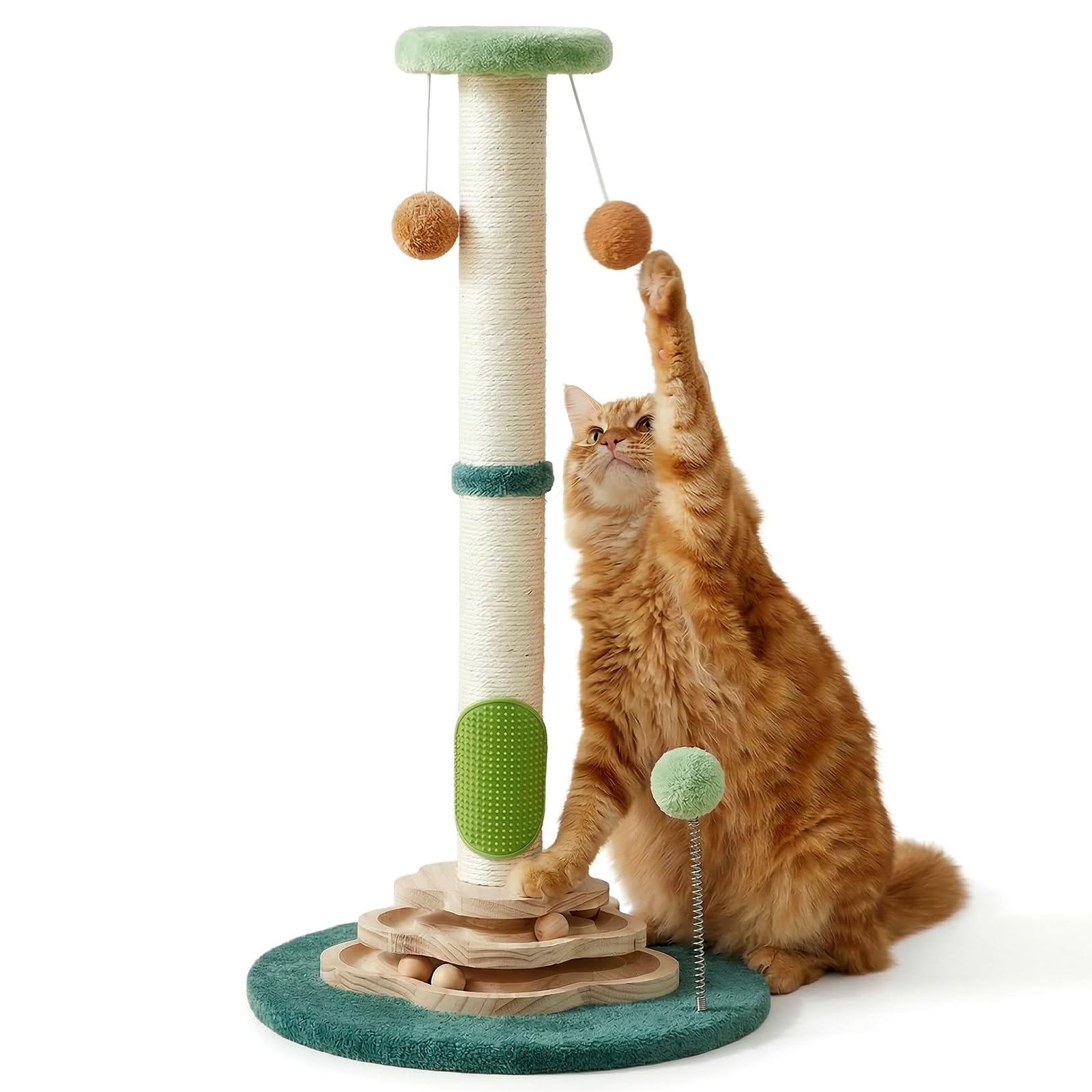 25.6inches Tall Cat Scratching Post, Cute Cat Scratching Post with Interactive Ball Two-Layer Track Spring Ball Toys and Self Groomer for Indoor Cats and Kittens Protect Your Furniture