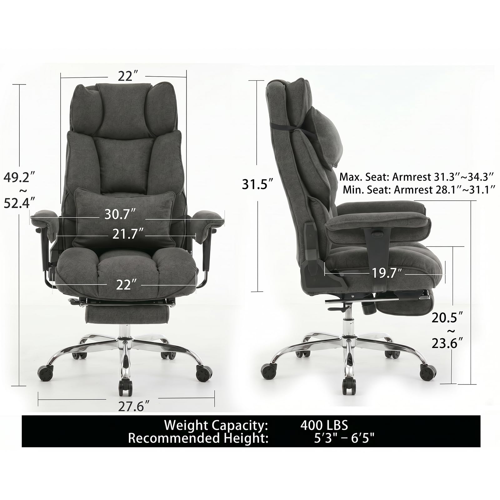 Mokodo Big and Tall Office Chair 400lbs, Breathable Fabric Executive Desk Chair with Pocket Spring Cushion, 155° Reclining Computer Chair with