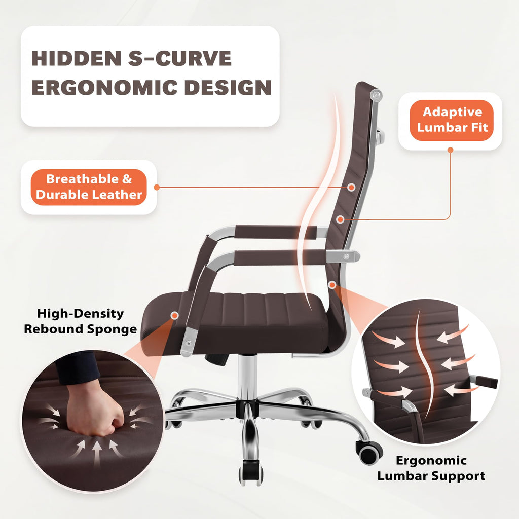 Furmax Ergonomic Office Desk Chair, Executive Ribbed Mid-back Pu Leather Conference Room Chair Adjustable Swivel Chair with Arms (1, Brown)