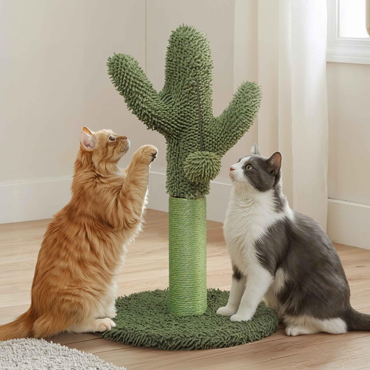 BOWHAUS Cactus Cat Scratching Post, Cat Scratcher with Sisal Rope and Interactive Hanging Ball, 19.9 Inch Scratching Post for Indoor Cats and Kitten