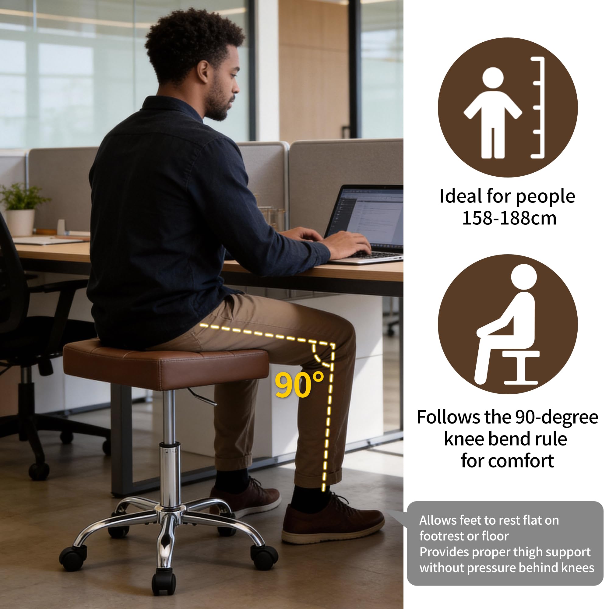 Firavoe Ergonomic Desk Stool with Wheels (adjustable Height 17"-21") (300lbs Capacity) Faux Leather Office Stool (coffee Brown)