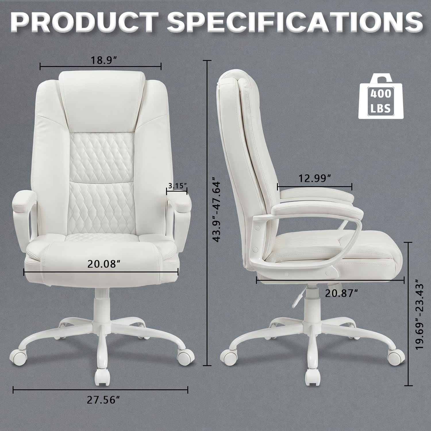 Lemberi Home Office Executive Desk Chair, High Back Pu Leather Chair, Height Adjustable Swivel Computer Chair with Padded Armrest (white)