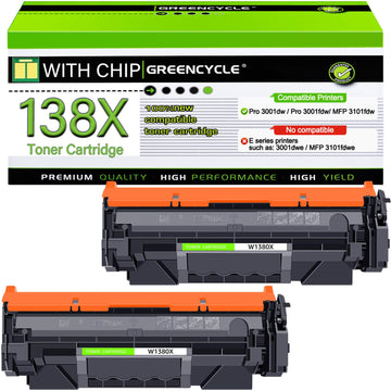 greencycle 138X W1380X [with Chip] Compatible Toner Cartridge Replacement for HP 138X W1380X 138A W1380A Work with Laser Jet Pro 3001dw 3001fdw MFP 3101fdw Series Printer (2 Pack, Black)