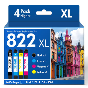 Remanufactured Replacement for 822XL WF-3820 Printer Ink Cartridges Combo Pack Compatible for 822 for Epson Workforce Pro WF3820 WF 3820 WF-4830 WF-4820 WF-4833 WF-4834 WF-3823 (4 Pack, BKCMY)