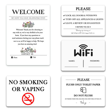 5 Acrylic Air BnB Sign Bundle, Magnetic Welcome Signs | Wifi Password Fridge Magnet, House Rules – Do Not Flush for Bathroom Toilet Guests | No Smoking Signage | STR Host | Rental Home | VRBO Signs