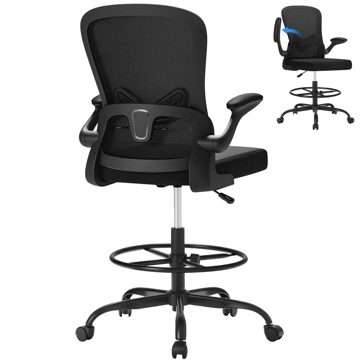 Devoko Ergonomic Drafting Chair with Flip-up Armrests,executive Tall Office Chair Standing Chair with Lumbar Support and Adjustable Footrest