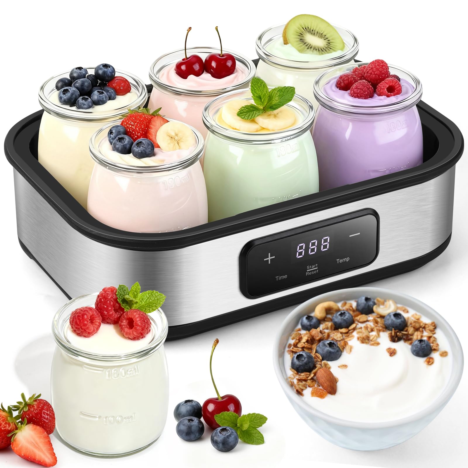 Yogurt Maker with Adjustable Temperature & 48H Timer - 6 Glass Jars for Homemade Probiotic Yogurt, for Family Wellness & Healthy Diet Lovers