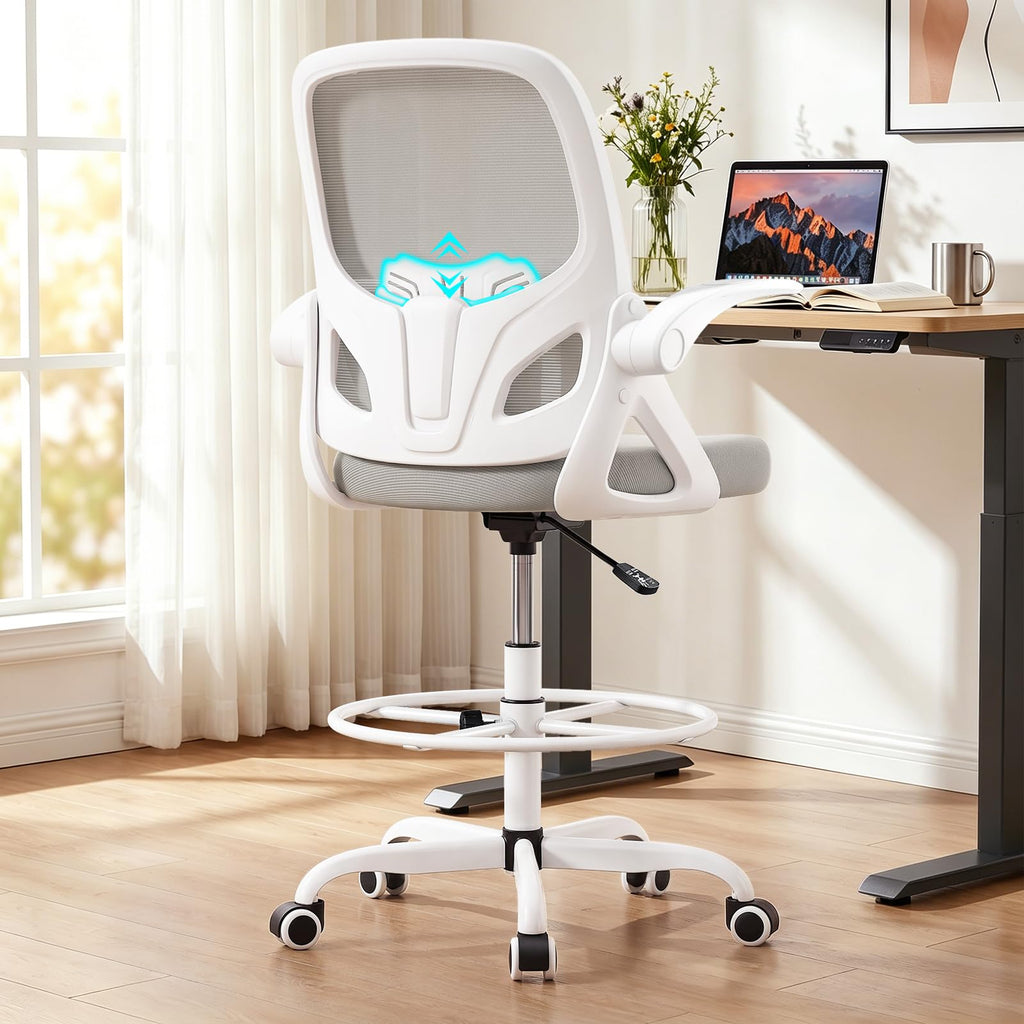Kensaker Drafting Chair Tall Office Chair, Ergonomic Standing Desk Chair with Adjustable Foot Ring and Flip-up Armrests, Mesh Computer Chair