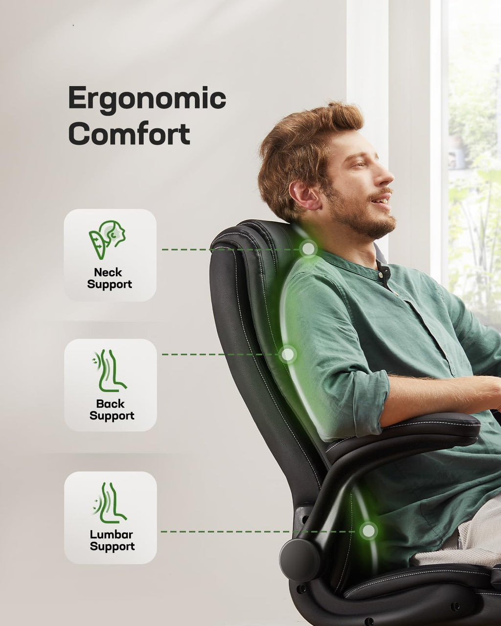 Marsail Executive Office Chair with Flip-up Armrests,pu Leather Ergonomic Desk Chair Height-adjustable Swivel Rolling Computer Desk Chair,black
