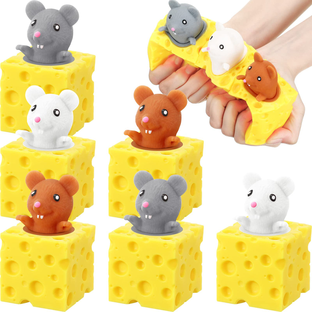 Chivao 6 Pack Cheese Toy Stress Rat Toy Mice in Cheese Sensory Anxiety Relief Office Ball Fidget for Birthday Stress Relief Gifts Party Favors, Grey Brown White