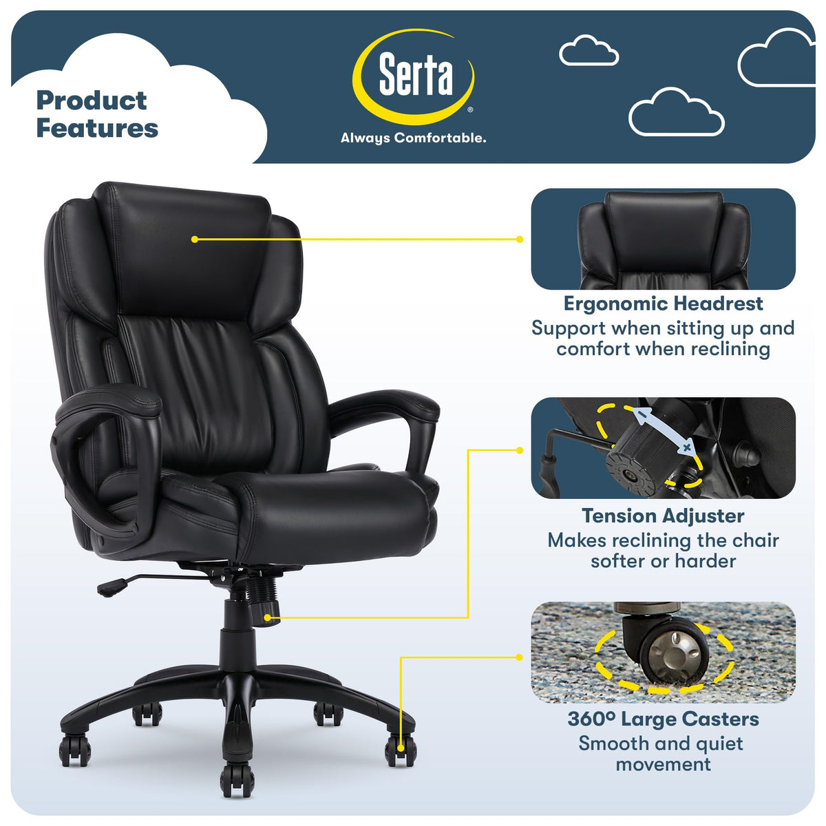 Serta Ergonomic Executive Office Chair with Lumbar Support, Leather Chair, High-Back, Space Black