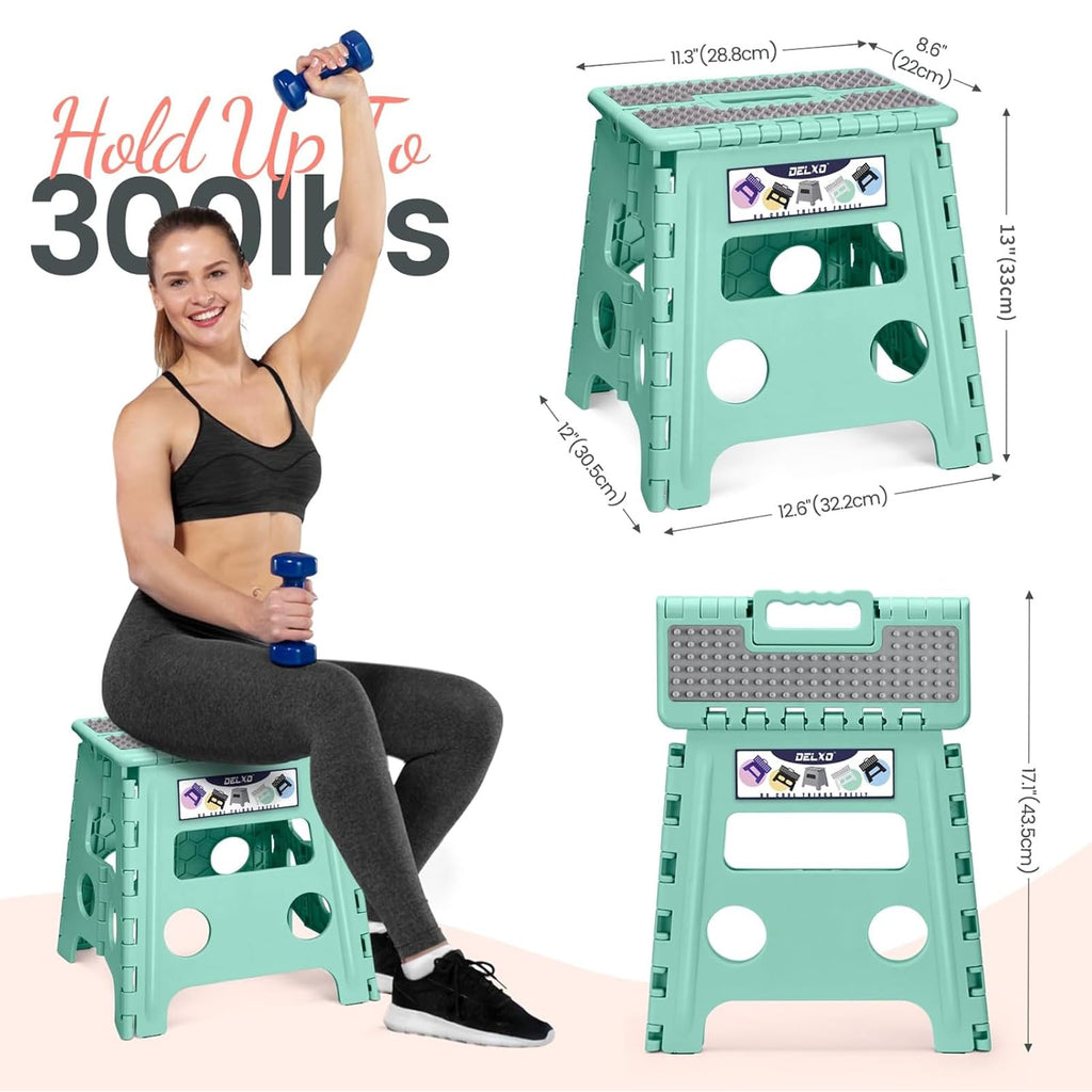 Delxo Folding Step Stool 13 Inch,300 Lbs Step Stool for Adults Green, Dot Green